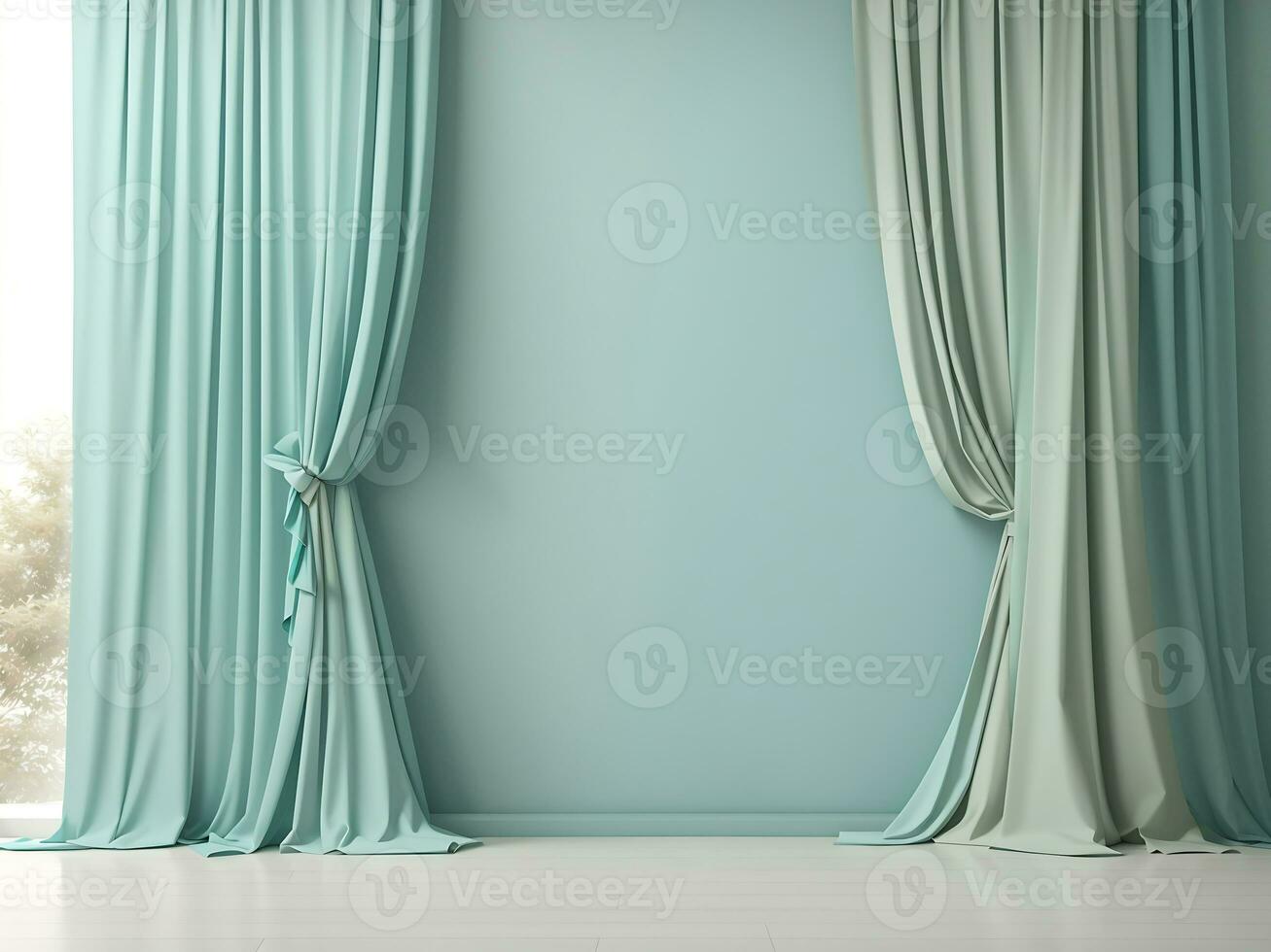 pastel turkoois blauw groen leeg muur in kamer met zijde gordijn gordijnen. bespotten omhoog sjabloon voor Product presentatie. leven, galerij, studio, kantoor concept. 3d weergave, genereren ai foto