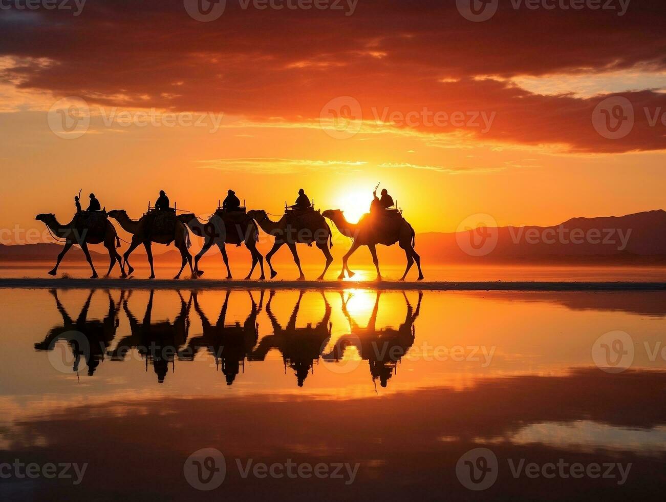 kamelen silhouet Aan de zout meer Bij zonsopkomst generatief ai foto