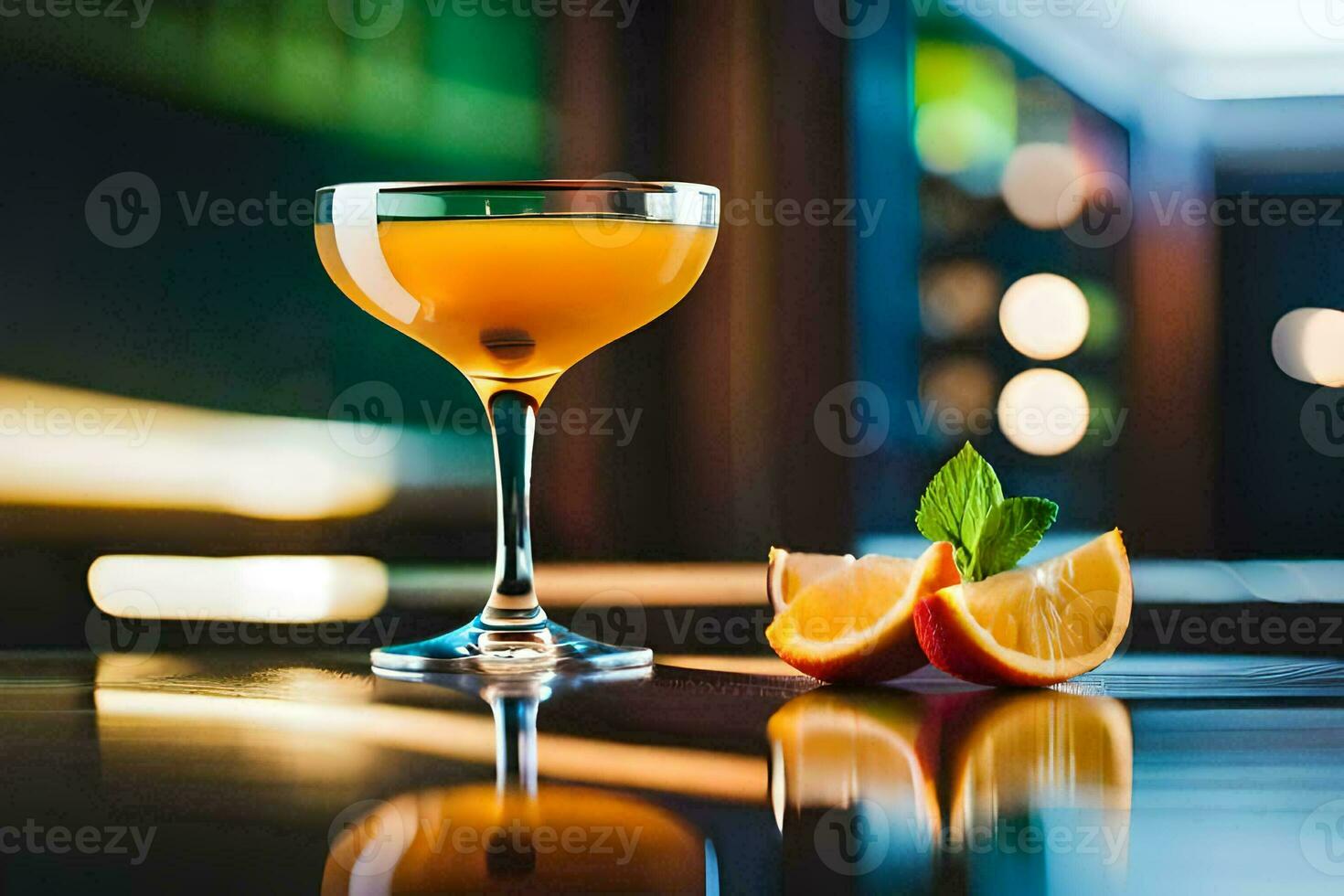 een cocktail met oranje plakjes Aan een tafel. ai-gegenereerd foto