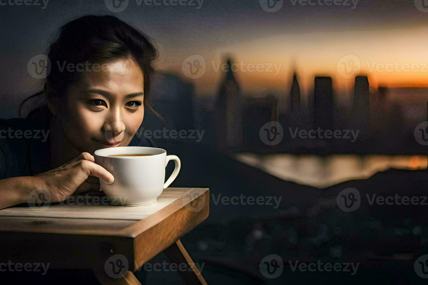 een vrouw drinken koffie in voorkant van een stad horizon. ai-gegenereerd foto