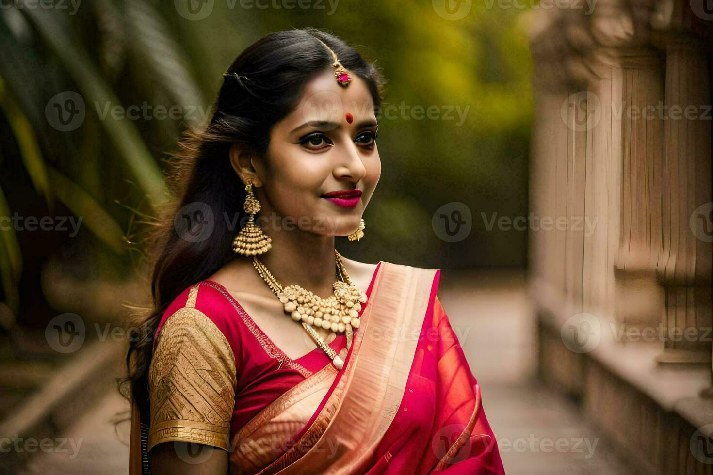 een mooi Indisch vrouw in een rood sari. ai-gegenereerd foto