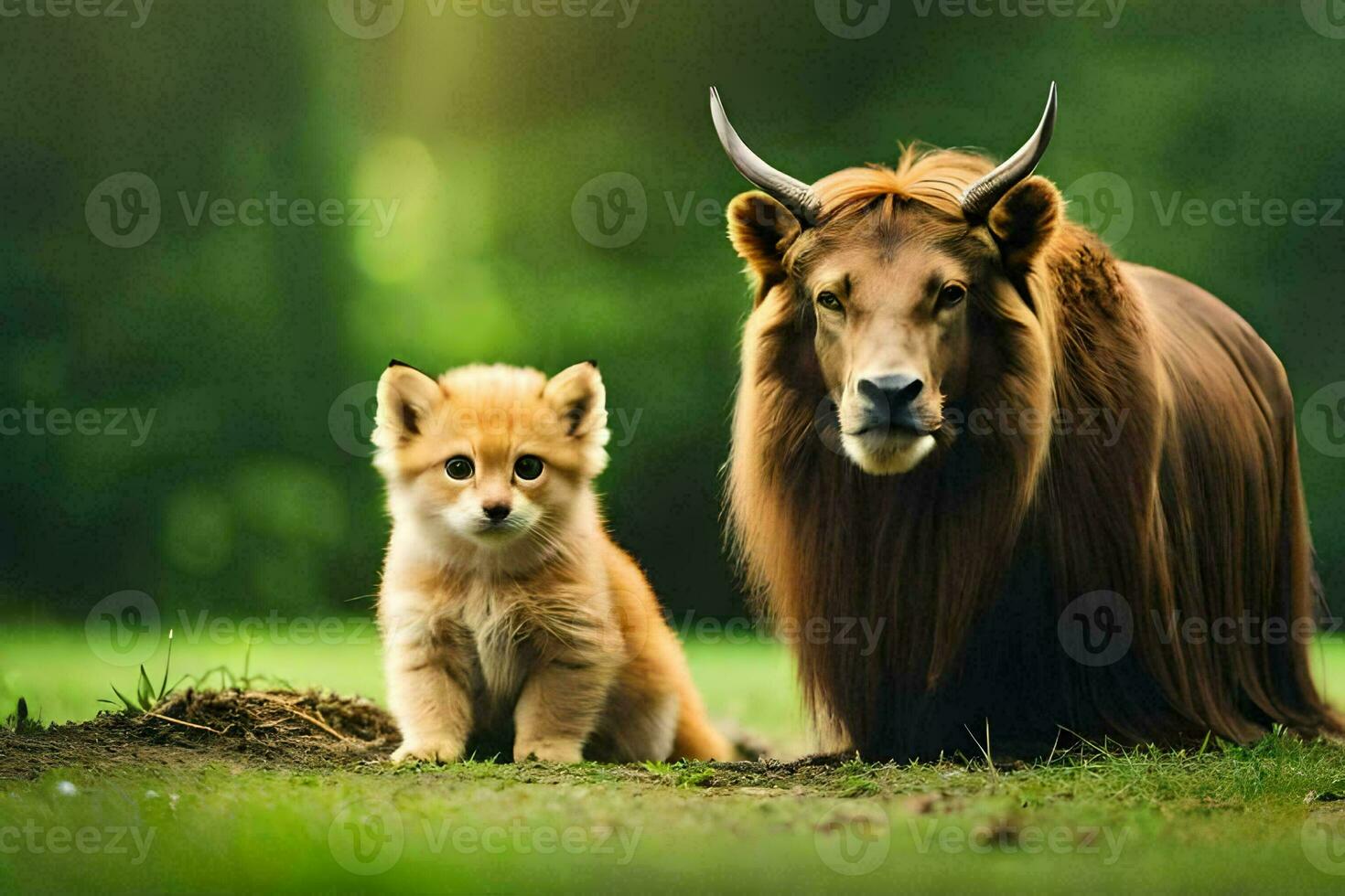 een klein hond en een groot dier in de gras. ai-gegenereerd foto