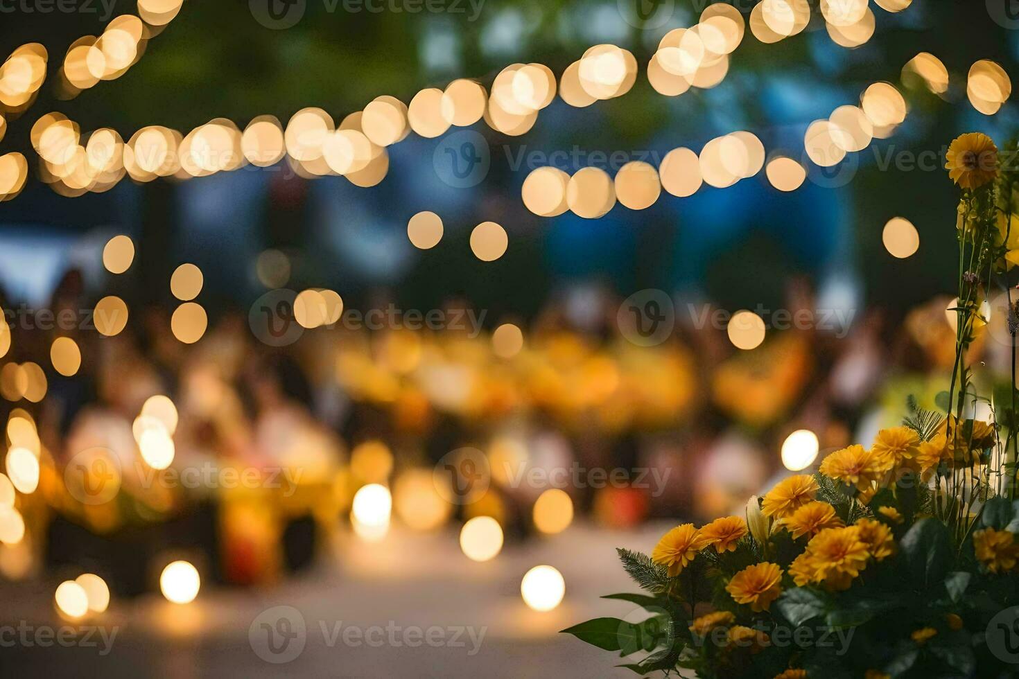 een groep van mensen zijn staand in voorkant van een bloem regeling. ai-gegenereerd foto