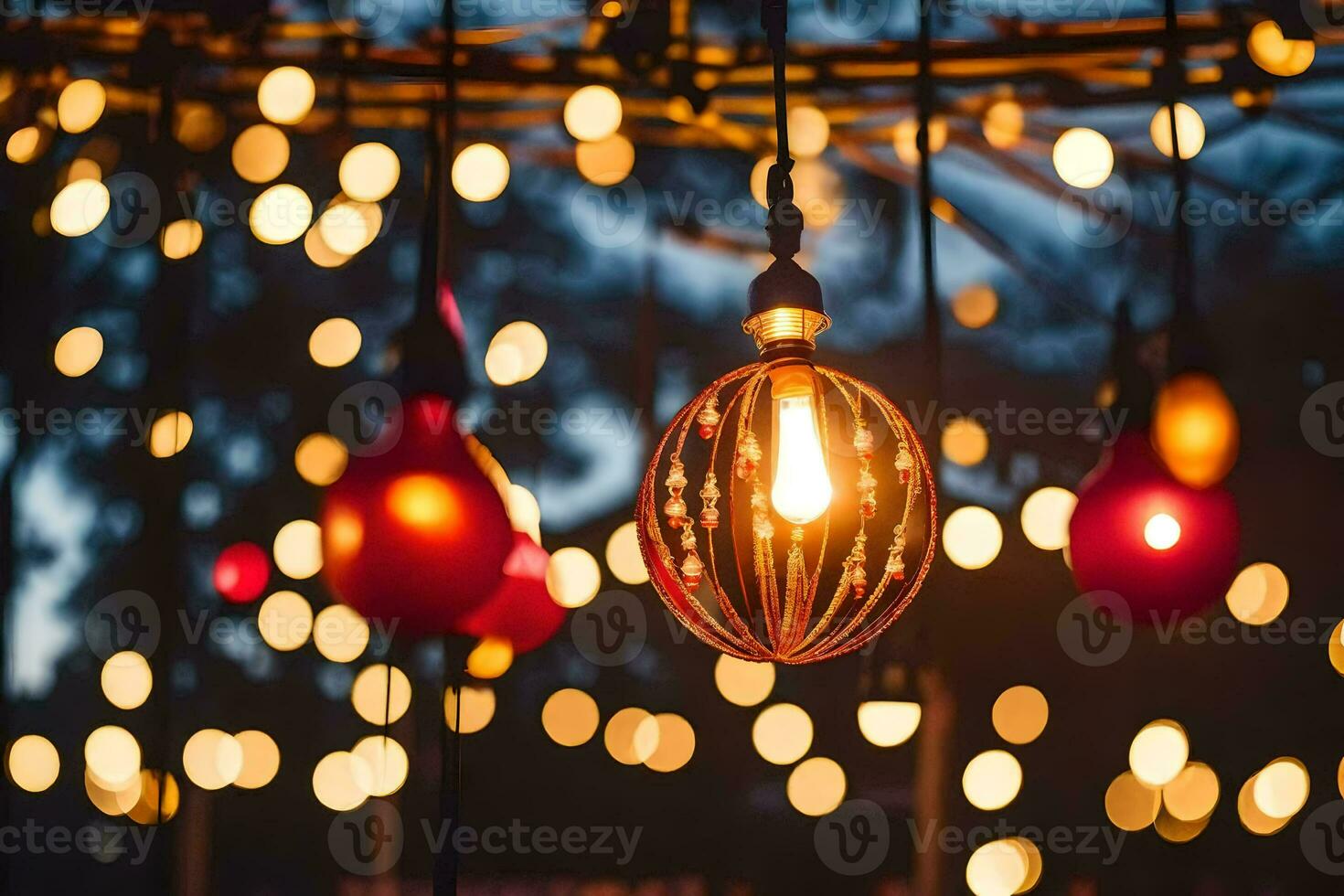 een draad van lichten hangende van een plafond. ai-gegenereerd foto