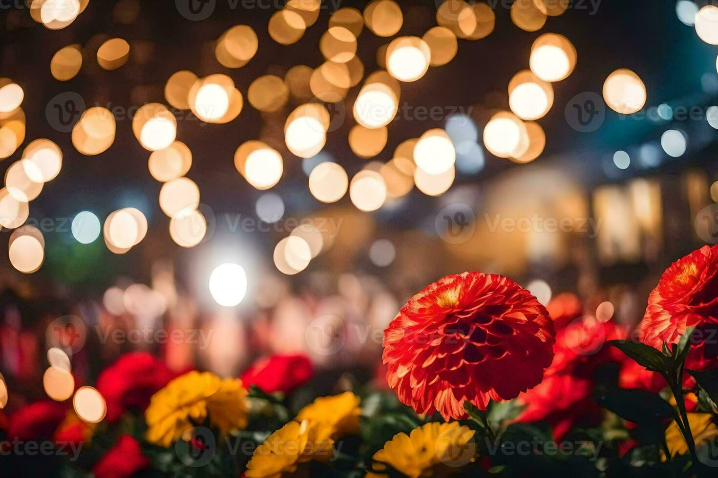 bloemen in de nacht met bokeh lichten. ai-gegenereerd foto