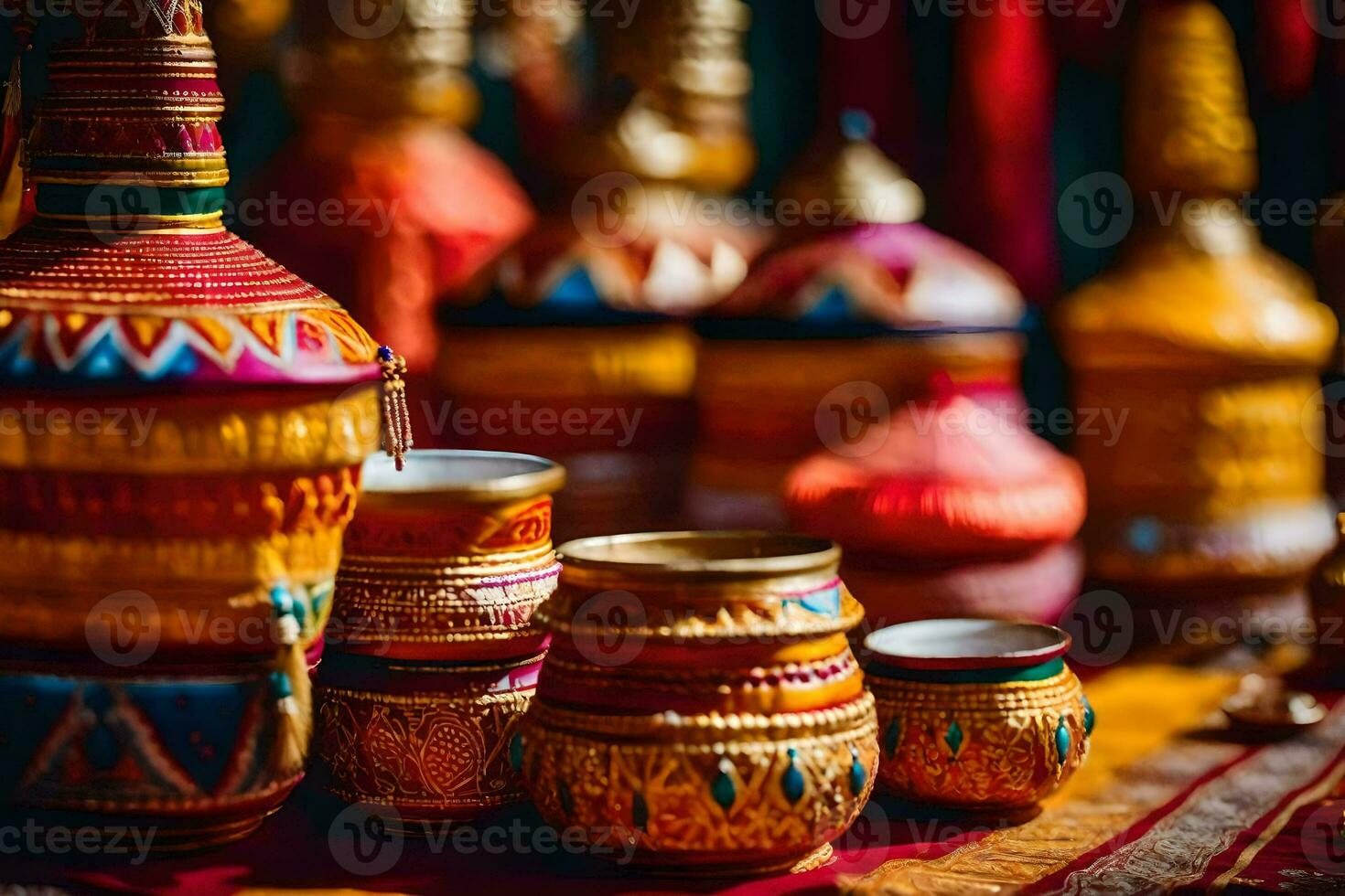 kleurrijk vazen en cups Aan een tafel. ai-gegenereerd foto