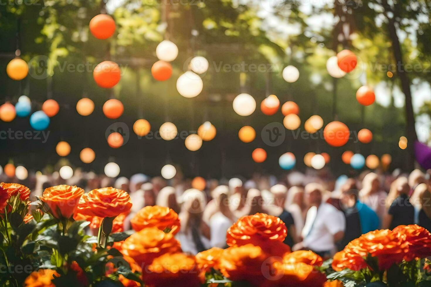 oranje bloemen in de midden- van een veld- met ballonnen. ai-gegenereerd foto