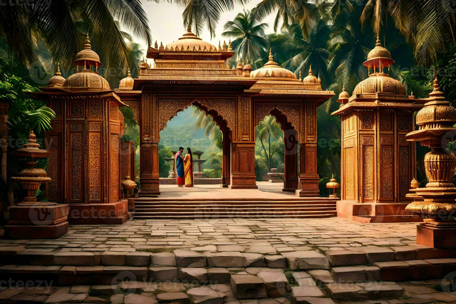een Indisch tempel met een steen boog en palm bomen. ai-gegenereerd foto