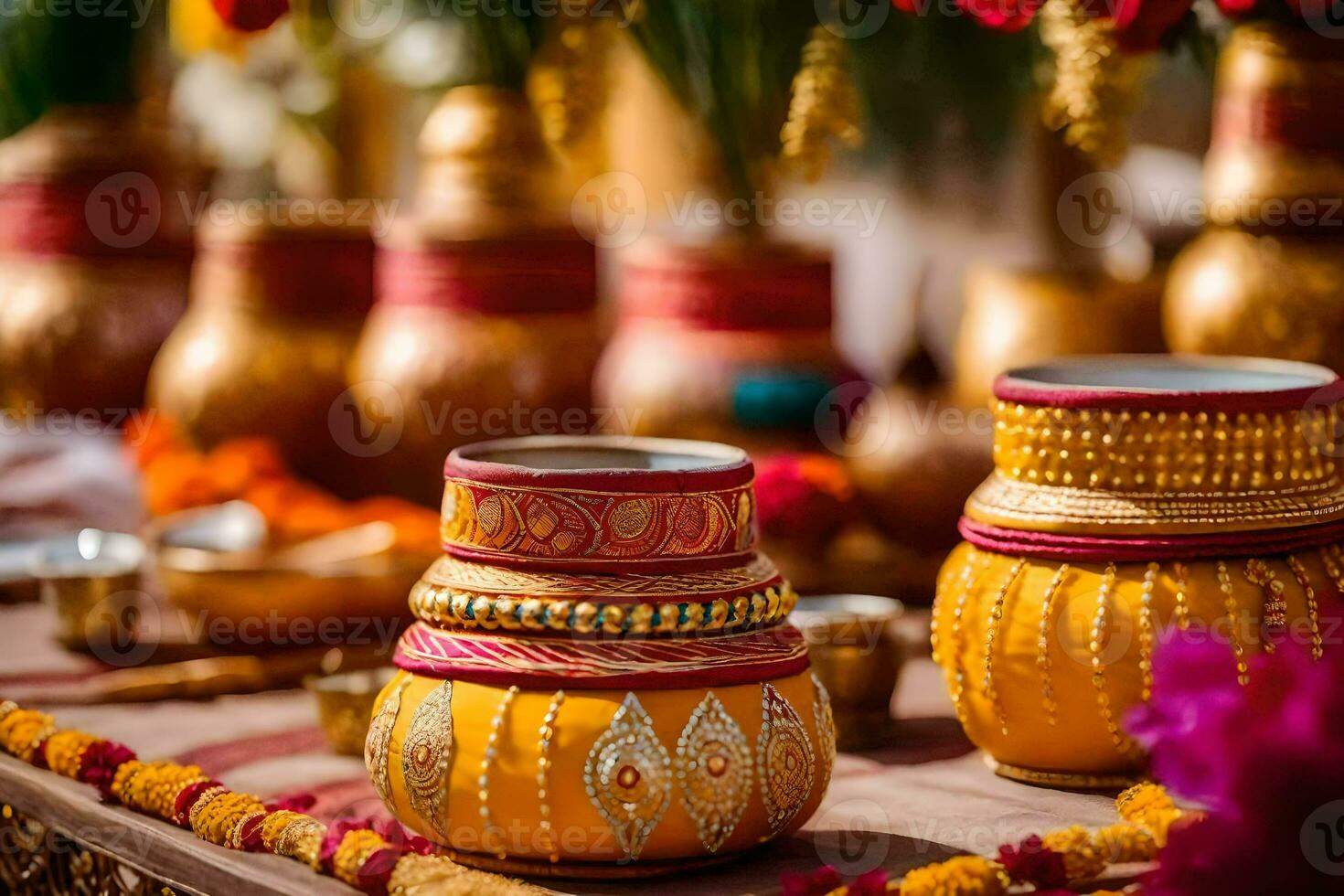 gouden vazen met kleurrijk decoraties Aan een tafel. ai-gegenereerd foto