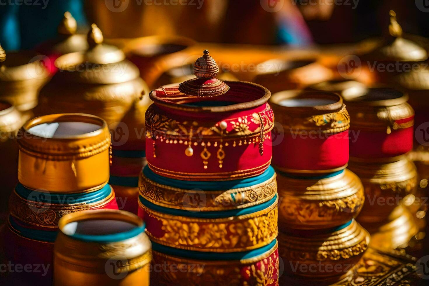 gouden potten en cups Aan een tafel met goud en rood decoraties. ai-gegenereerd foto