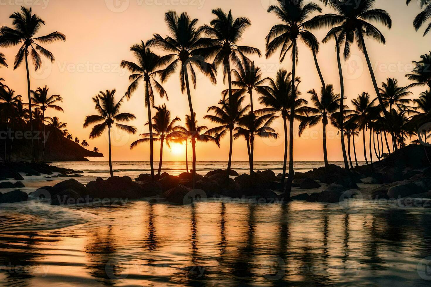 de zon sets achter palm bomen Aan een strand. ai-gegenereerd foto