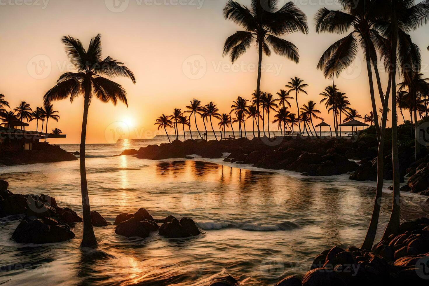 de zon sets over- de oceaan en palm bomen. ai-gegenereerd foto