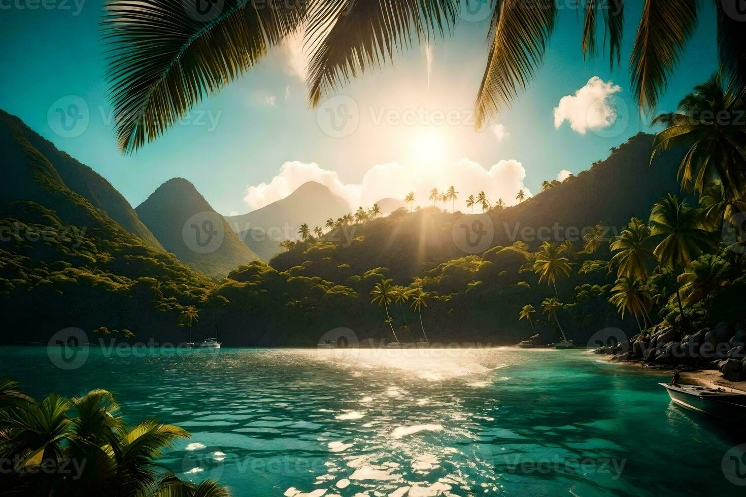 de zon schijnt over- een tropisch eiland met palm bomen. ai-gegenereerd foto