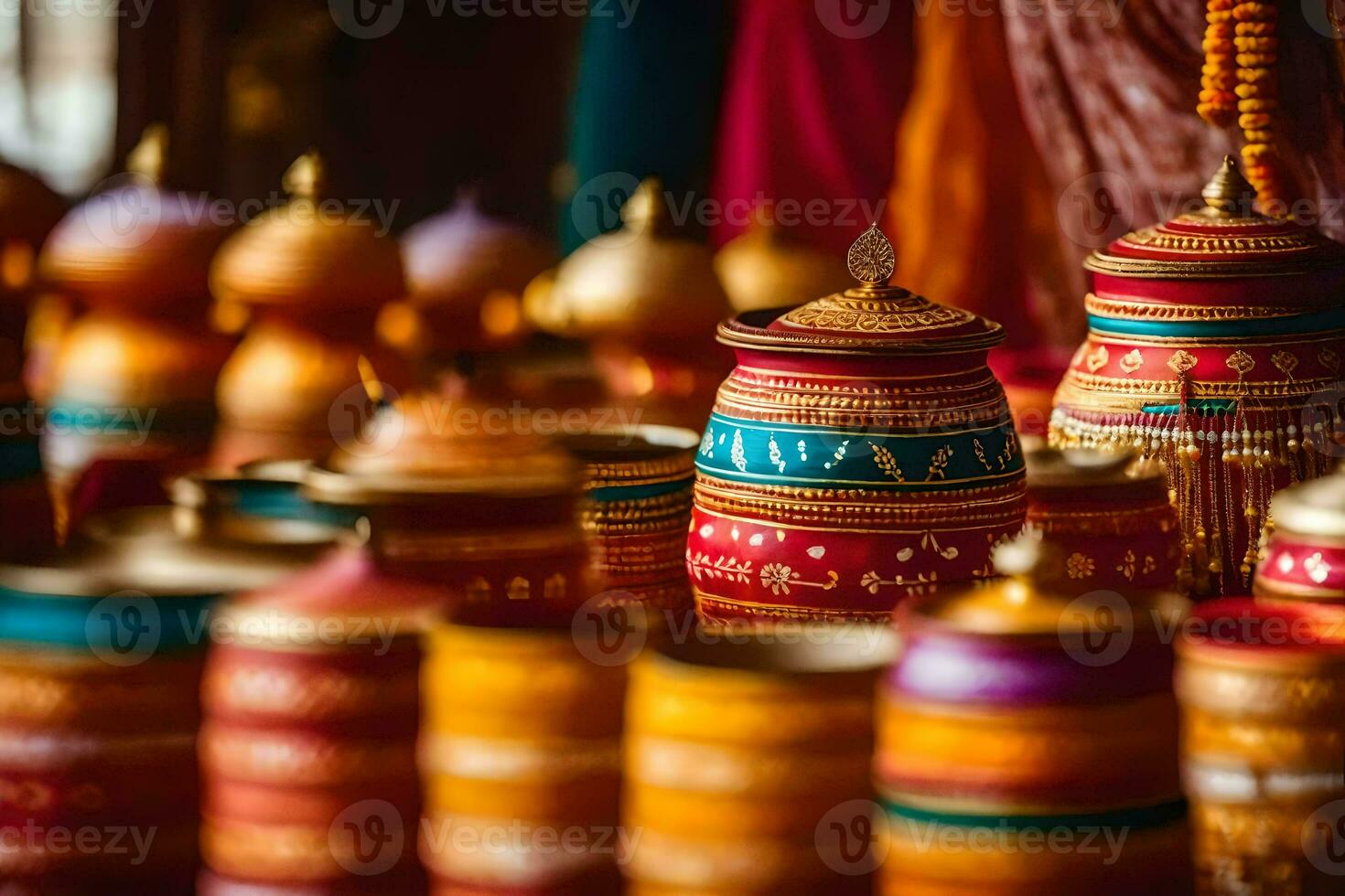 kleurrijk potten en potten zijn weergegeven in een winkel. ai-gegenereerd foto