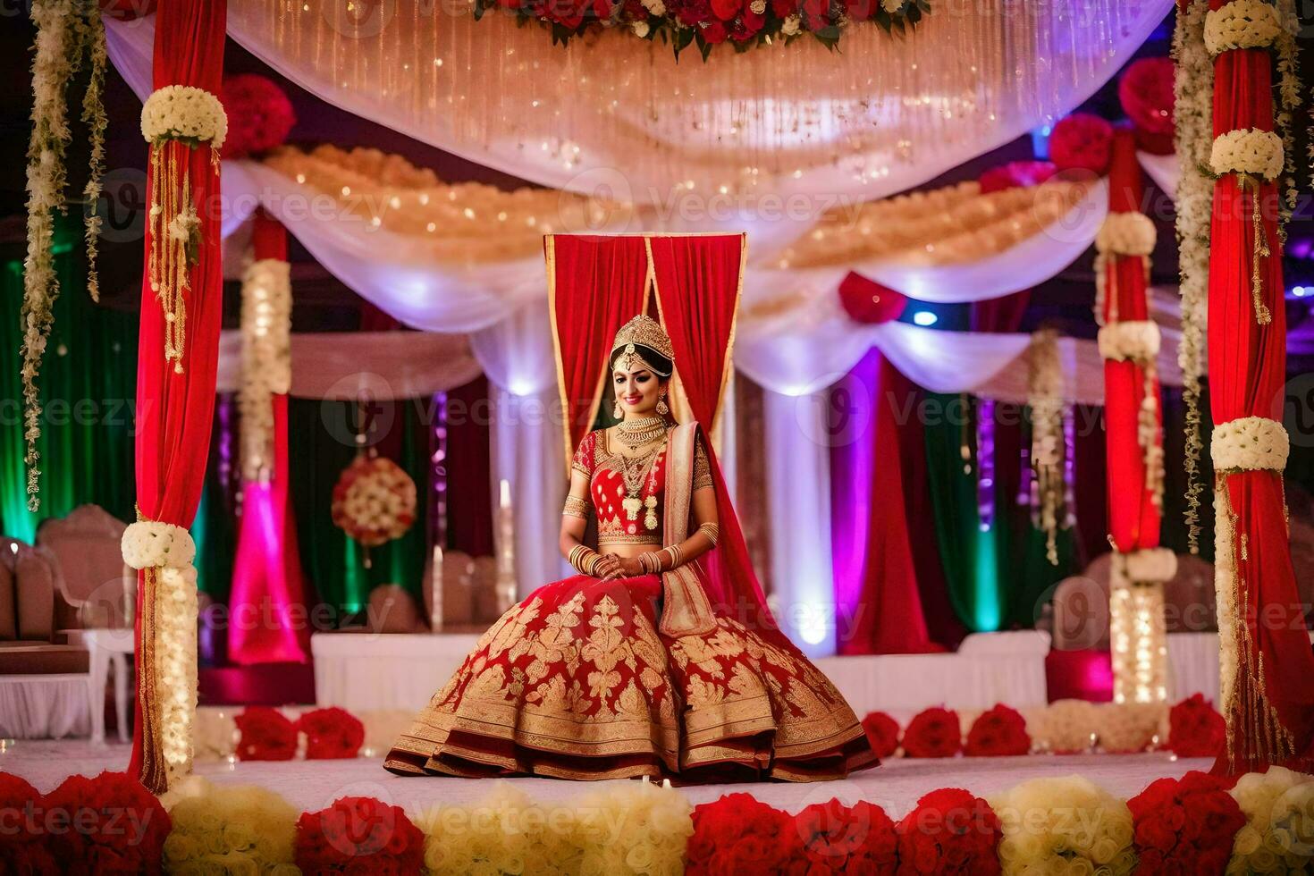 een bruid in rood en goud bruiloft jurk zittend Aan een rood en goud fase. ai-gegenereerd foto