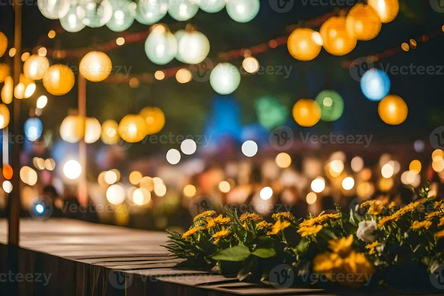 een tafel met bloemen en kaarsen in voorkant van een donker achtergrond. ai-gegenereerd foto