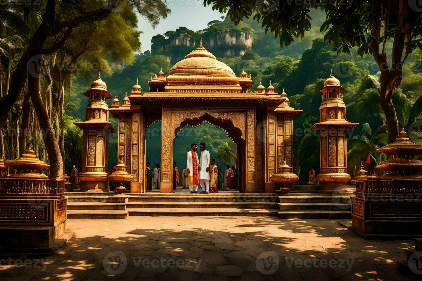 een Mens en vrouw staand in voorkant van een tempel. ai-gegenereerd foto