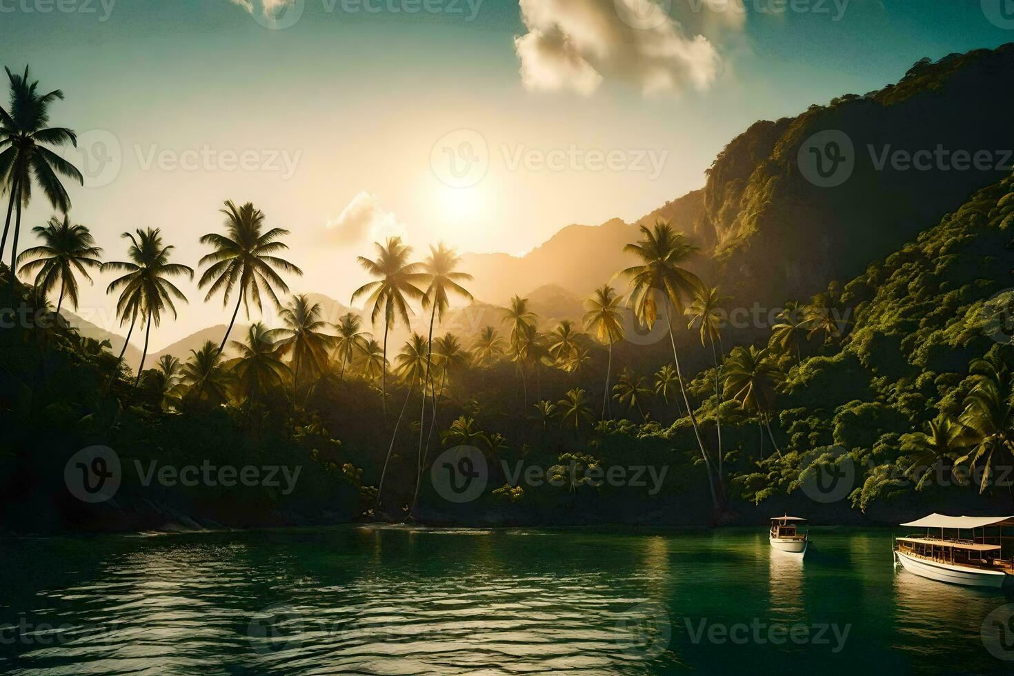 een boot in de oceaan omringd door palm bomen. ai-gegenereerd foto