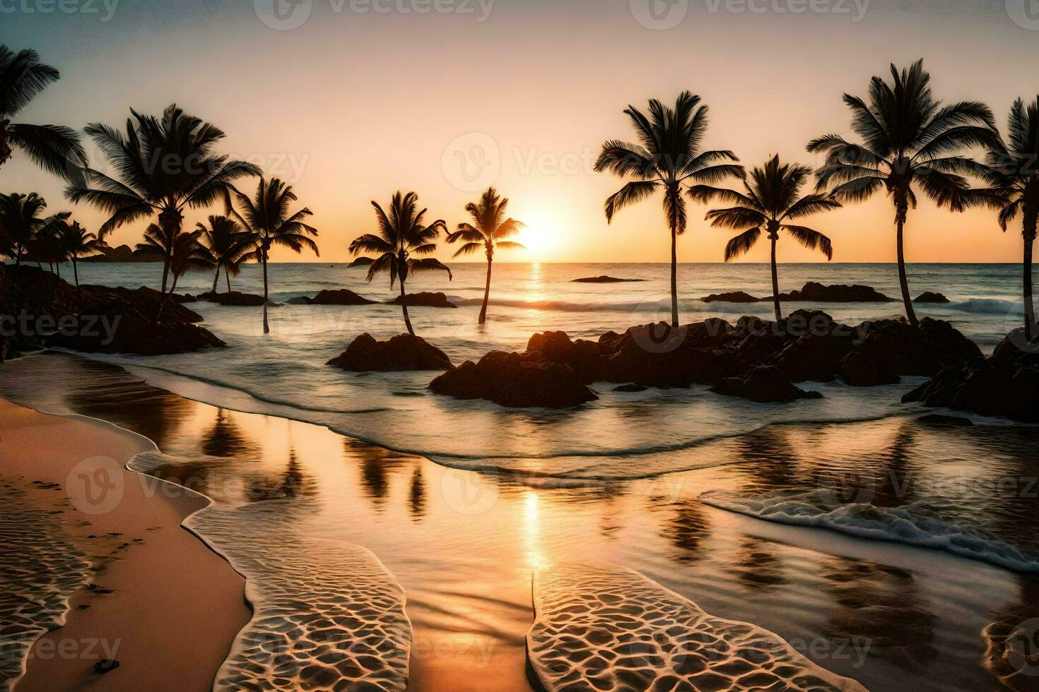 de zon sets Aan de strand in Hawaii. ai-gegenereerd foto