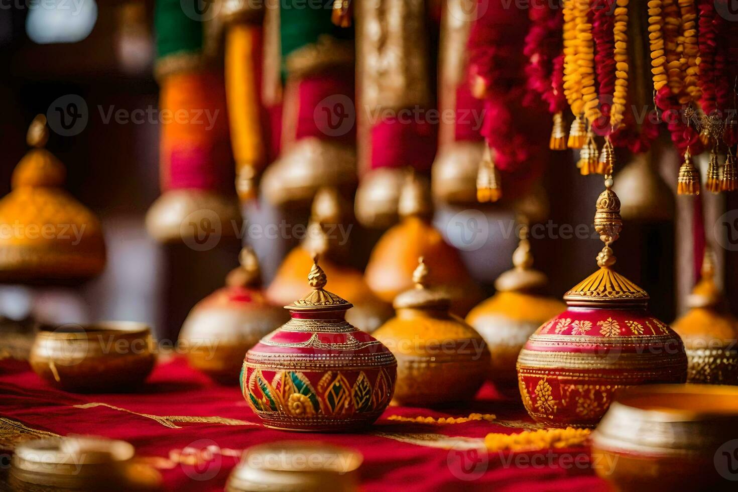 Indisch bruiloft decor met kleurrijk decoraties. ai-gegenereerd foto