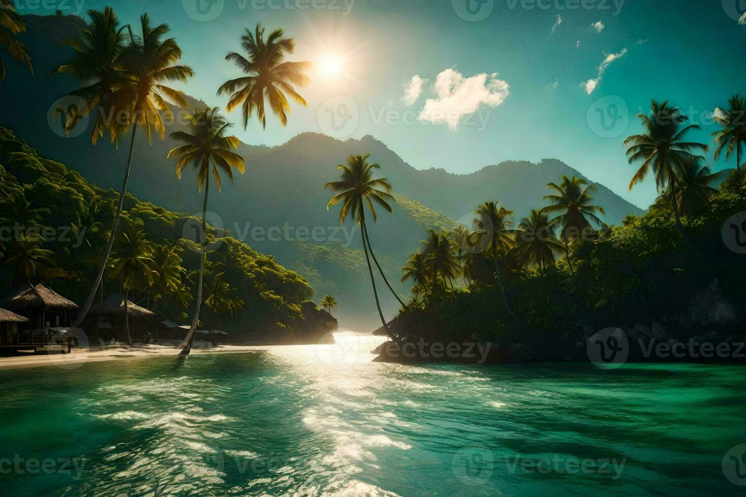 tropisch strand met palm bomen en bergen. ai-gegenereerd foto