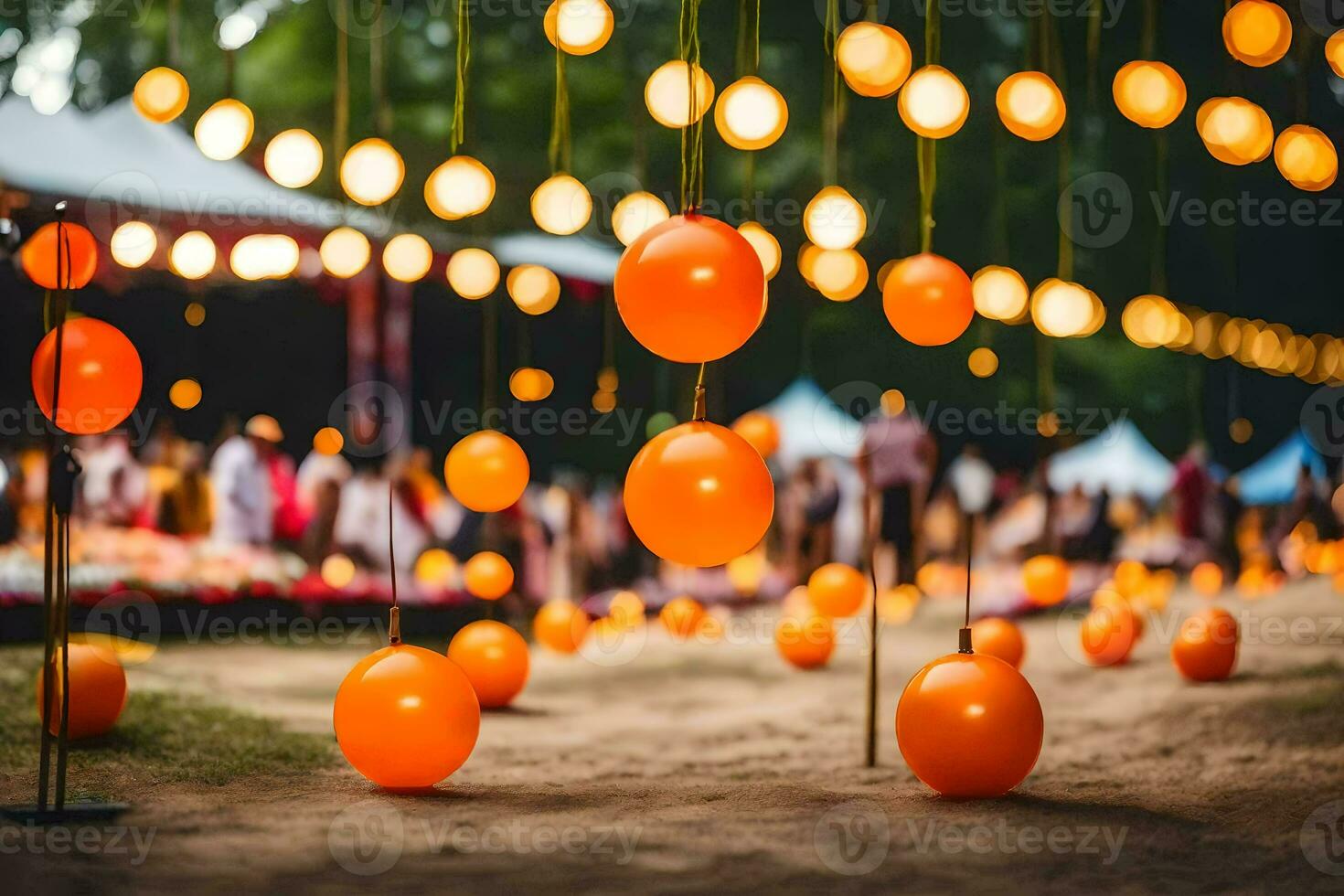 oranje ballonnen hangende van strings in de donker. ai-gegenereerd foto