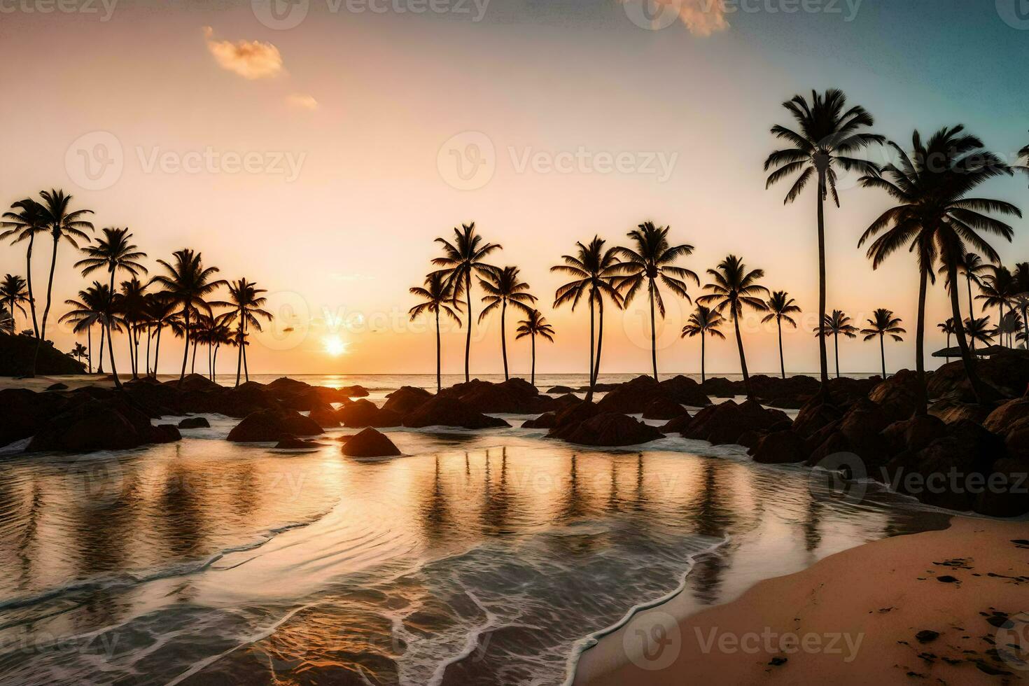 de zon sets over- de oceaan en palm bomen. ai-gegenereerd foto