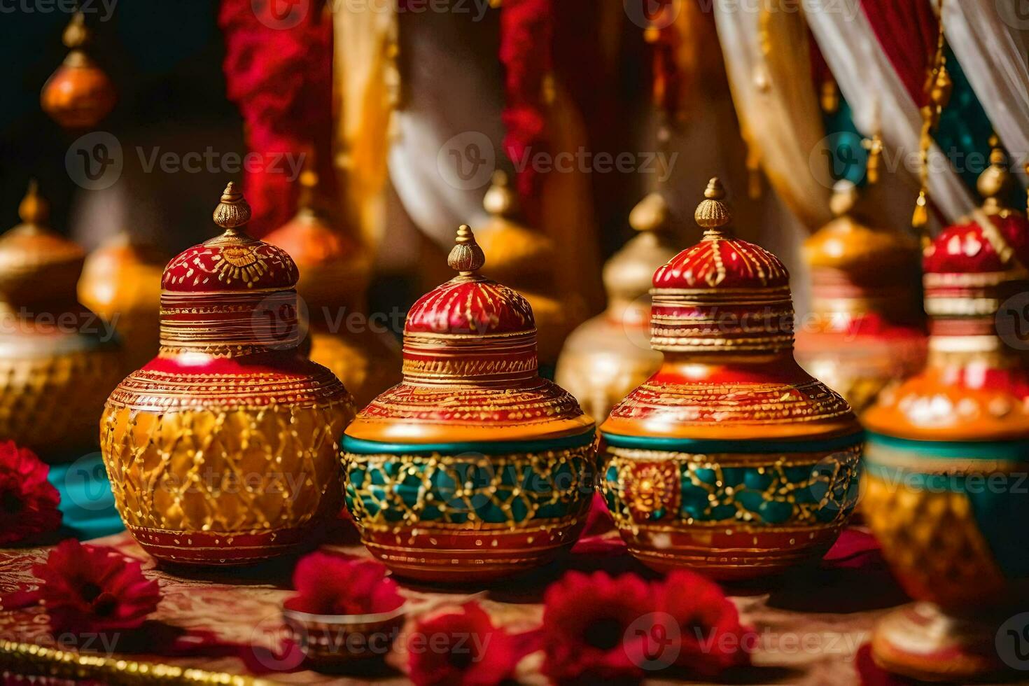 Indisch bruiloft decor met kleurrijk vazen. ai-gegenereerd foto