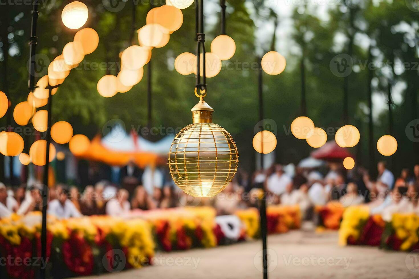 een bruiloft ontvangst met lichten hangende van de plafond. ai-gegenereerd foto