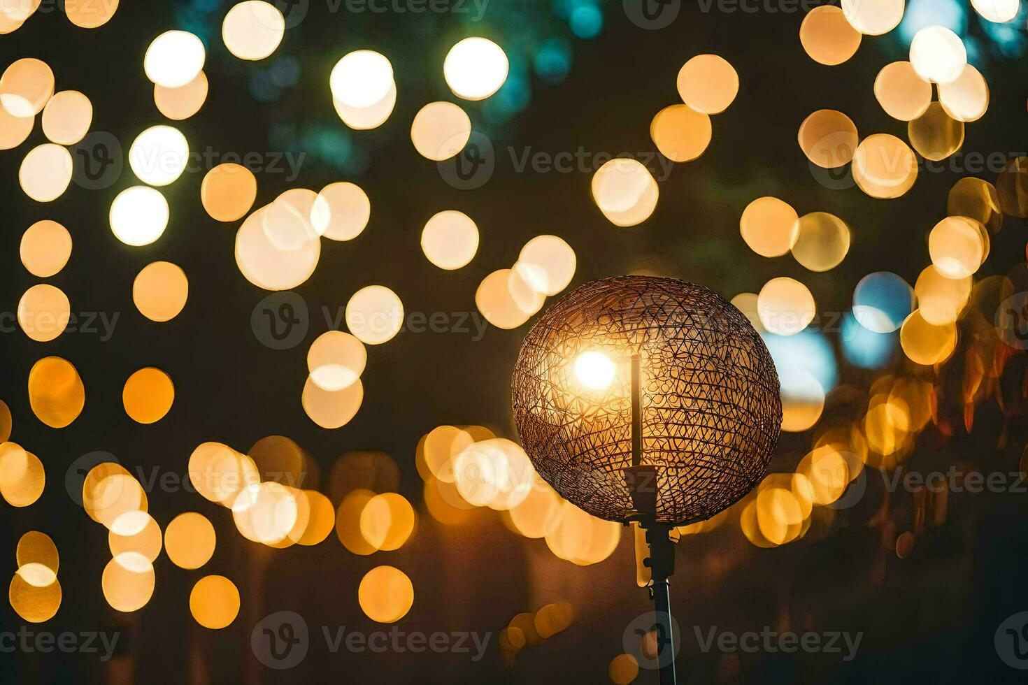 een verlicht lamp met een draad van lichten in de achtergrond. ai-gegenereerd foto