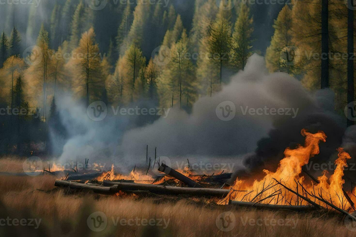 een brand brandwonden in de Woud met bomen en gras. ai-gegenereerd foto