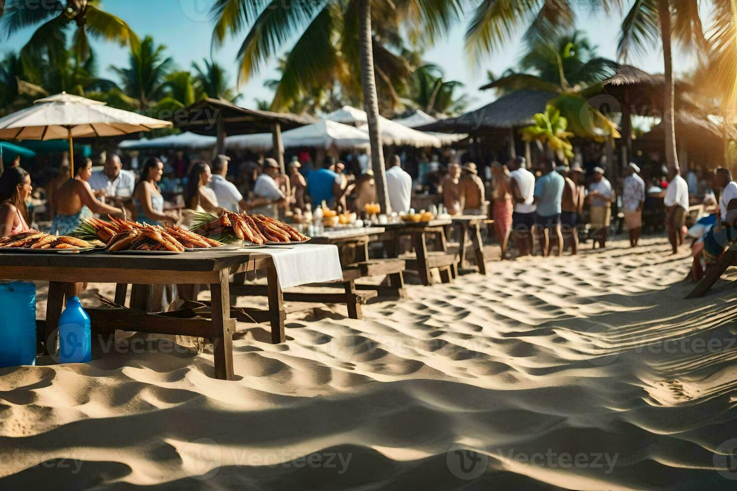 een strand met mensen aan het eten en drinken Bij tafels. ai-gegenereerd foto