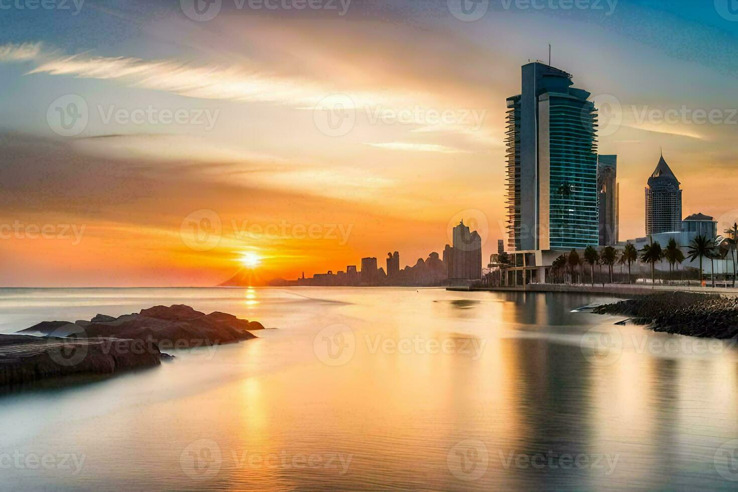 de zon sets over- de stad horizon in palma de Mallorca, Spanje. ai-gegenereerd foto