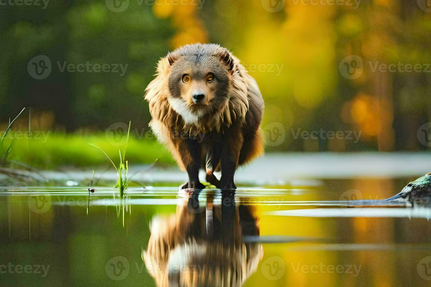 een wolf wandelen aan de overkant een Ondiep lichaam van water. ai-gegenereerd foto