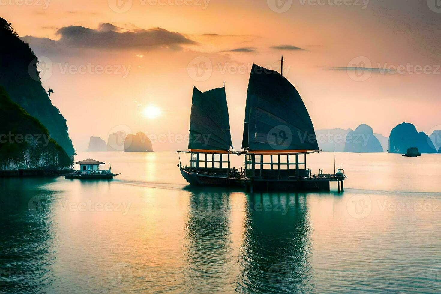 een boot zeilen in de water Bij zonsondergang. ai-gegenereerd foto