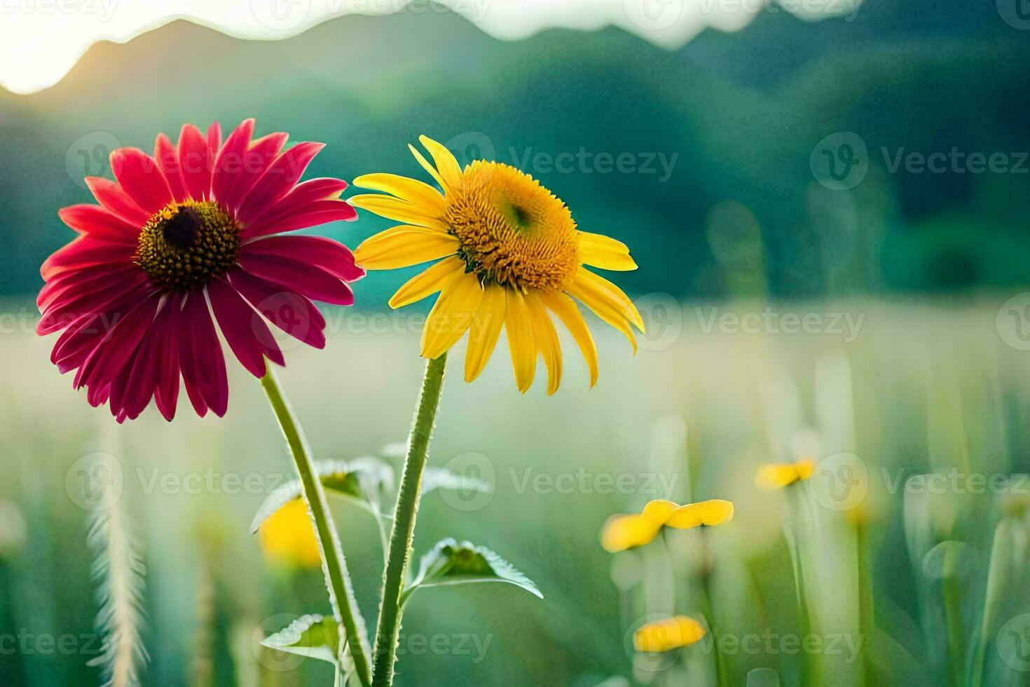 twee kleurrijk bloemen zijn staand in een veld. ai-gegenereerd foto