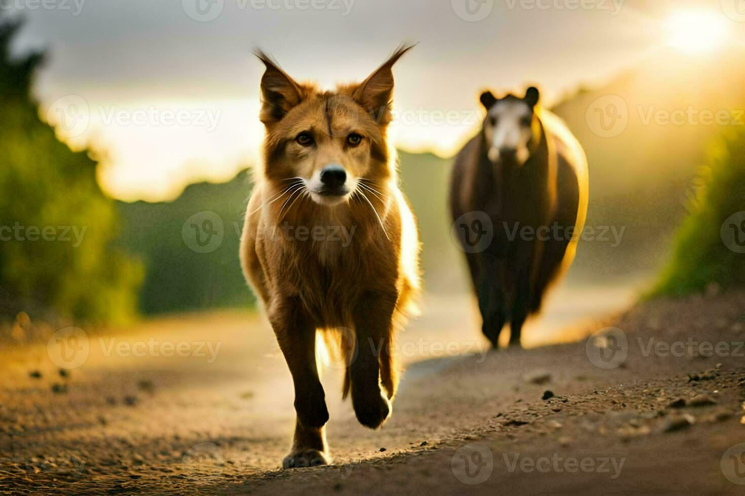 een bruin hond en een zwart beer wandelen naar beneden een weg. ai-gegenereerd foto