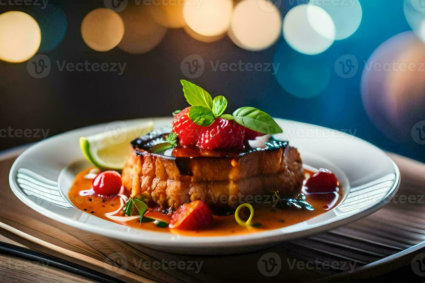 een bord van voedsel met aardbeien en saus. ai-gegenereerd foto