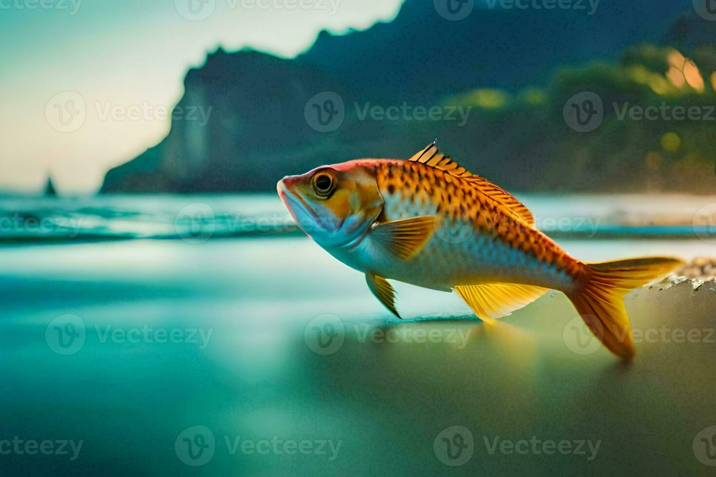 een vis is staand Aan de strand met water en bergen in de achtergrond. ai-gegenereerd foto