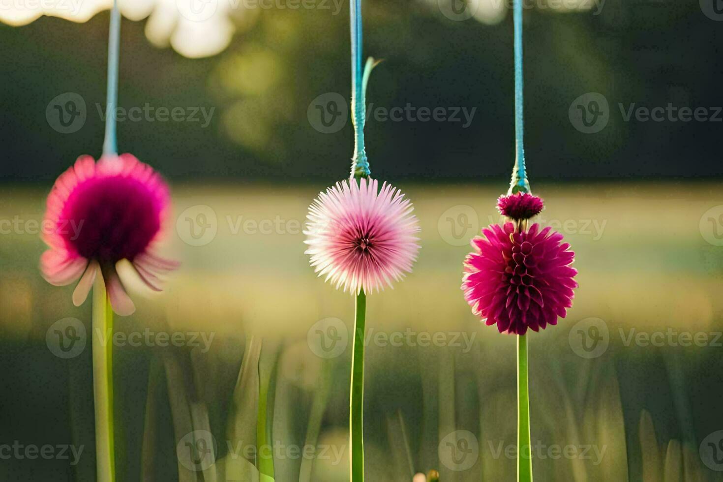 vier bloemen hangende van strings in een veld. ai-gegenereerd foto