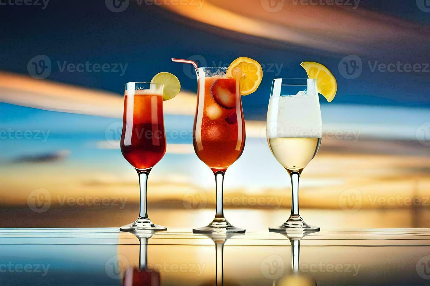 drie bril van verschillend drankjes met een zonsondergang in de achtergrond. ai-gegenereerd foto