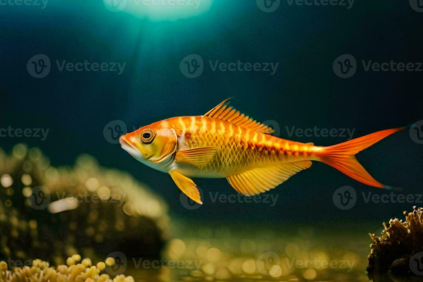 een vis zwemmen in de oceaan met zonlicht schijnend Aan het. ai-gegenereerd foto