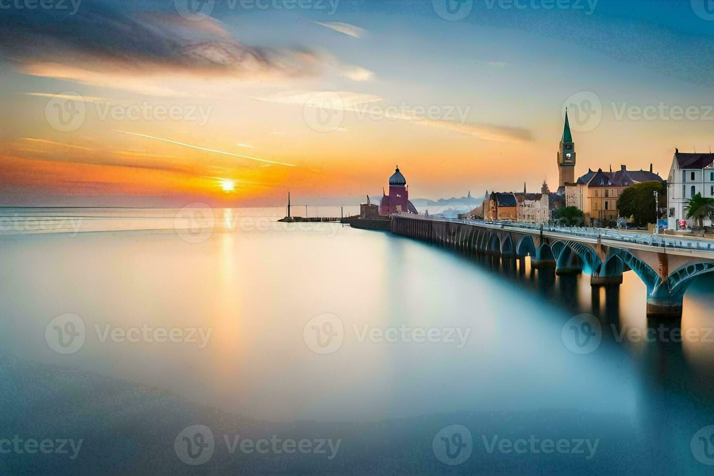 een lang blootstelling fotograaf van een brug en een kerk Bij zonsondergang. ai-gegenereerd foto