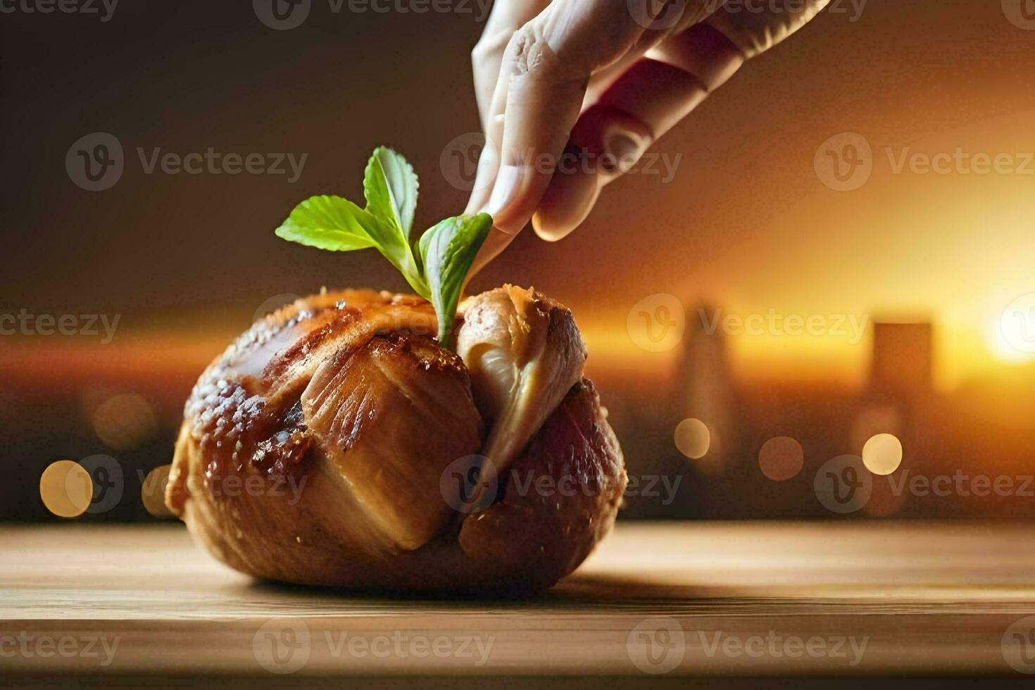 een hand- is aanraken een stuk van vlees Aan een tafel. ai-gegenereerd foto