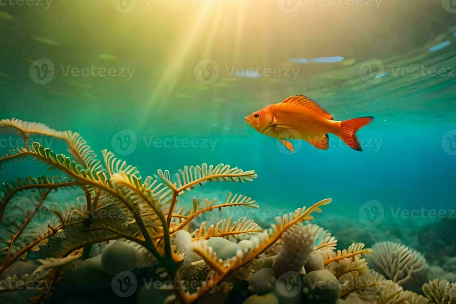 een vis zwemmen in de oceaan met koraal en zon. ai-gegenereerd foto