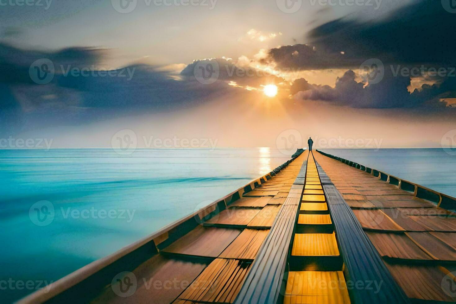 een Mens wandelingen langs een lang pier in de oceaan. ai-gegenereerd foto