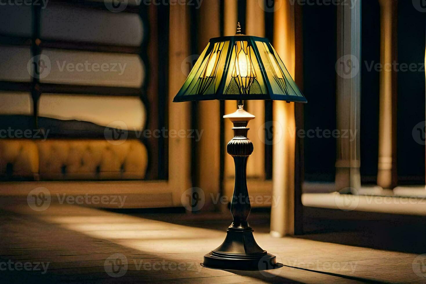 een lamp Aan een tafel in een donker kamer. ai-gegenereerd foto