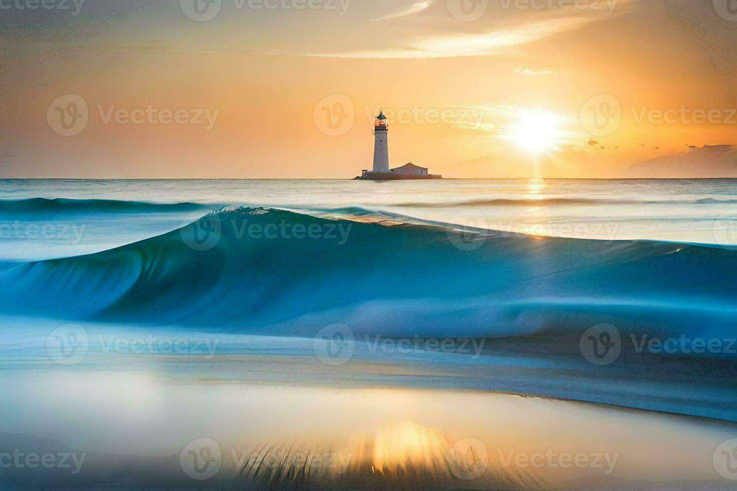 een vuurtoren in de oceaan met golven en een zonsondergang. ai-gegenereerd foto