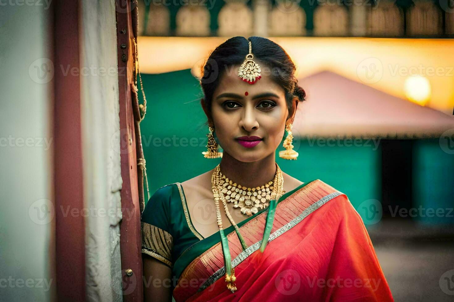 een mooi Indisch vrouw vervelend een sari en sieraden. ai-gegenereerd foto