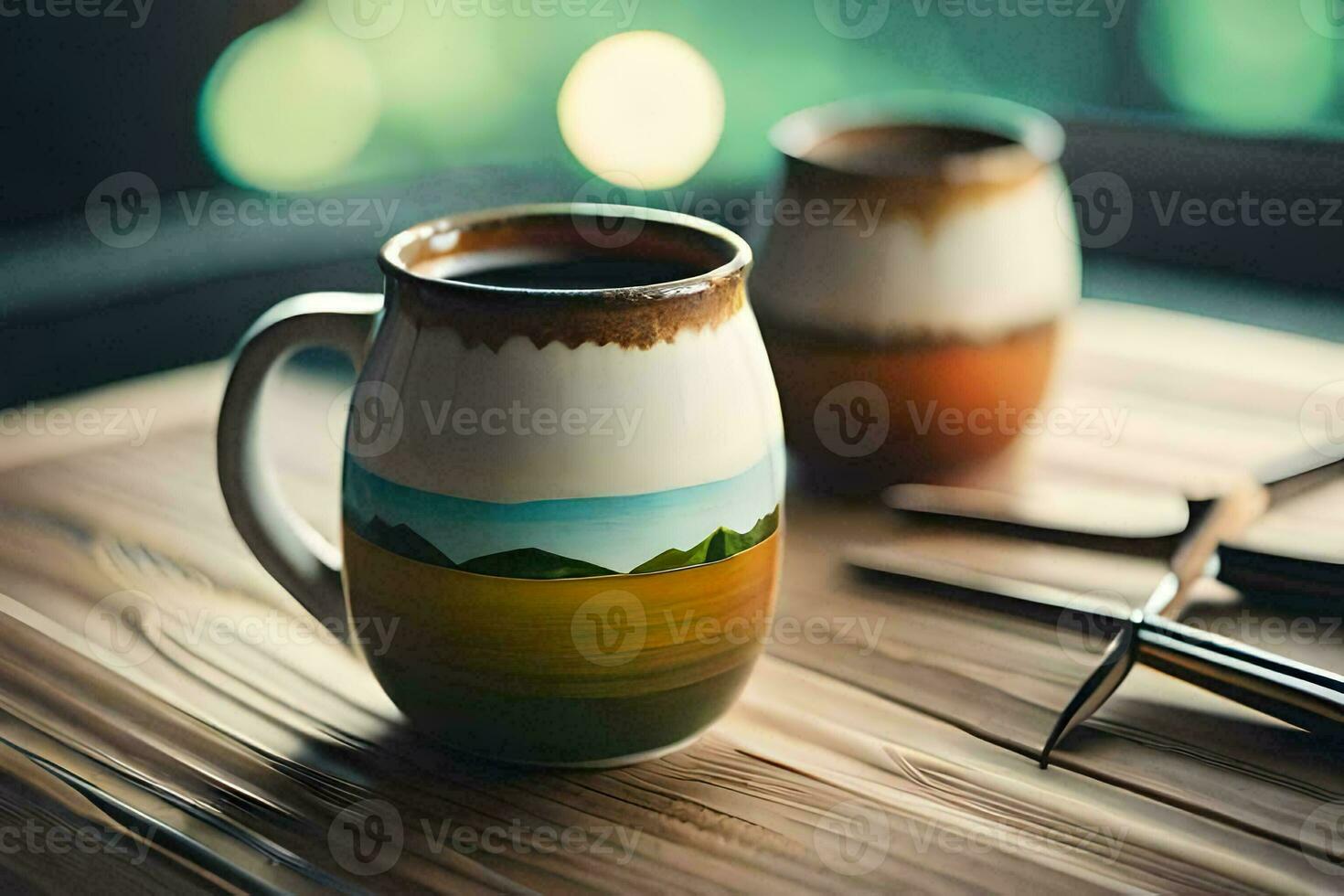 twee koffie cups Aan een tafel met een mes. ai-gegenereerd foto